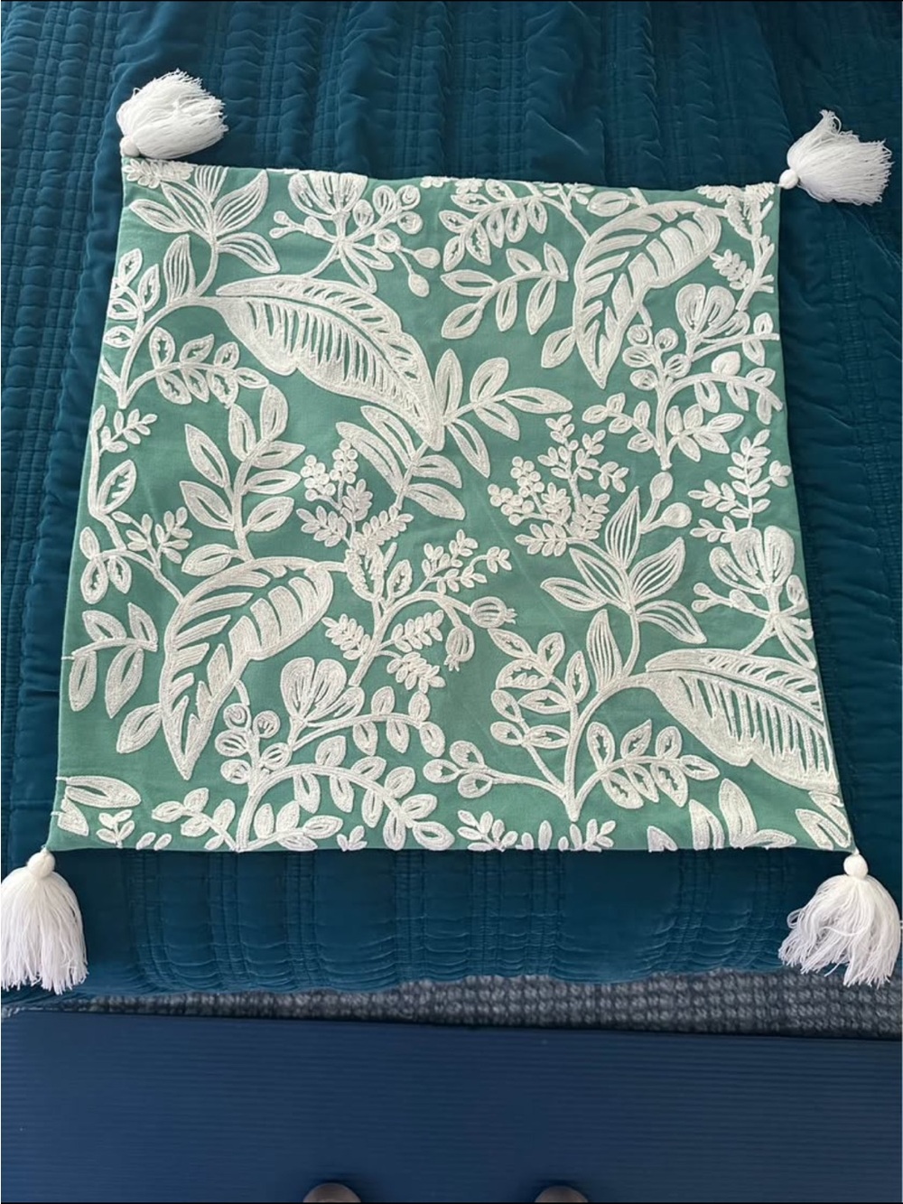 Rifle Paper x Loloi Collection Embroidered Green and White Throw Pillow Cover